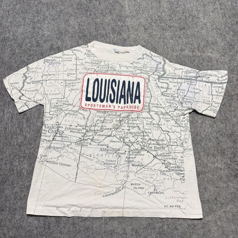 Vintage Sun Sportswear Louisiana Shirt XL AOP All Over Print Map Made In USA